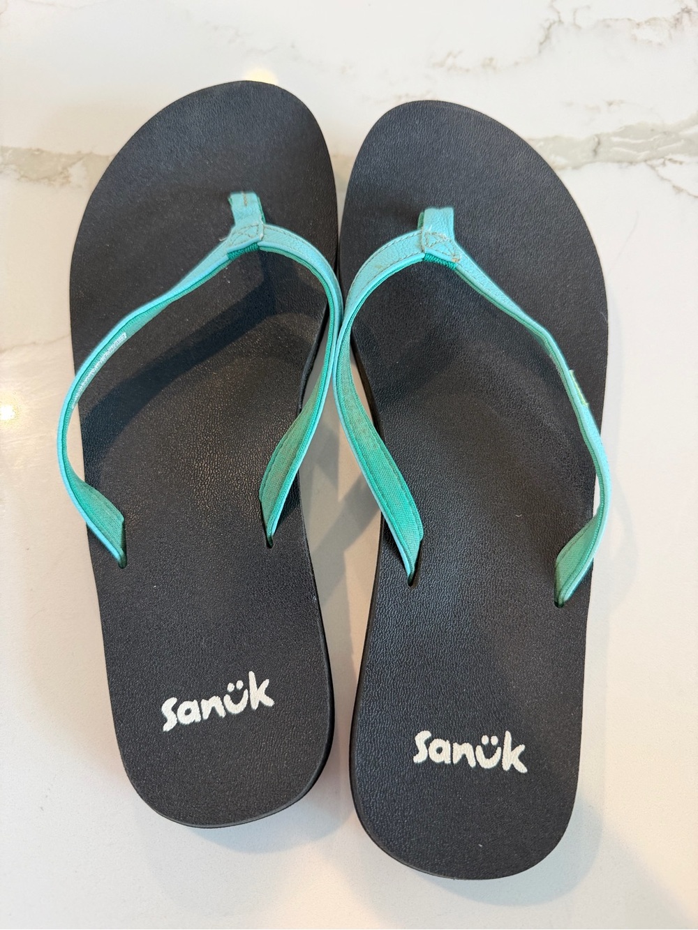 Sanuk Black Flip Flops with Teal Straps